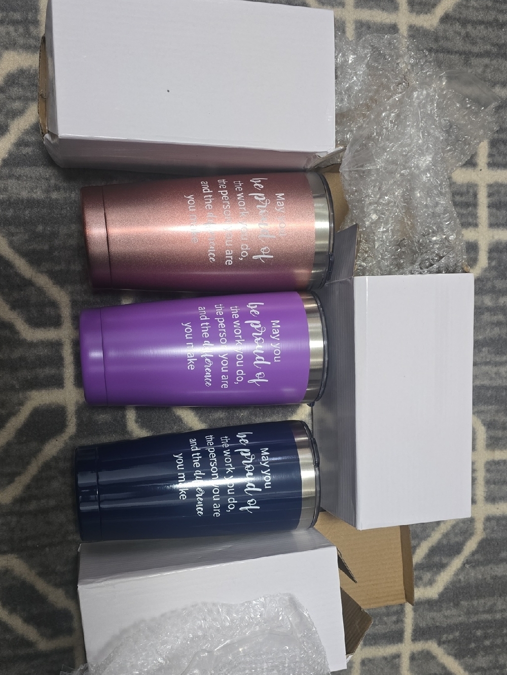 Set of 3 Insulated Quote Tumblers - Rose Gold, Purple, Navy